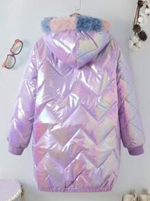 Tween Girls Colorful Diamond Checkered Hooded Mid-Length Dress, With Fluffy Collar And Pockets - Purple - View 2