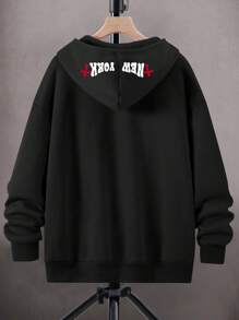 Manfinity EMRG Back To School Men Letter Graphic Zip Up Drawstring Hoodie - Black - View 2