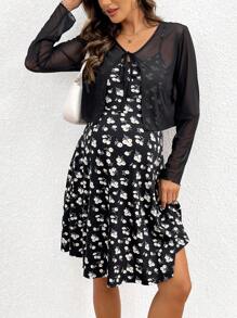 SHEIN 孕妇花卉印花细肩带连衣裙和纯色长袖夹克 2 件套 - 彩色 - 查看 3