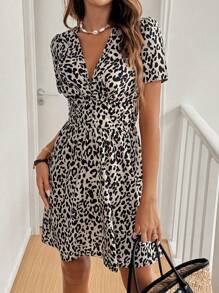 SHEIN Frenchy Women's Leopard Print V-Neck Short Sleeve Dress Elegant Dress Date Night Dress Summer Casual