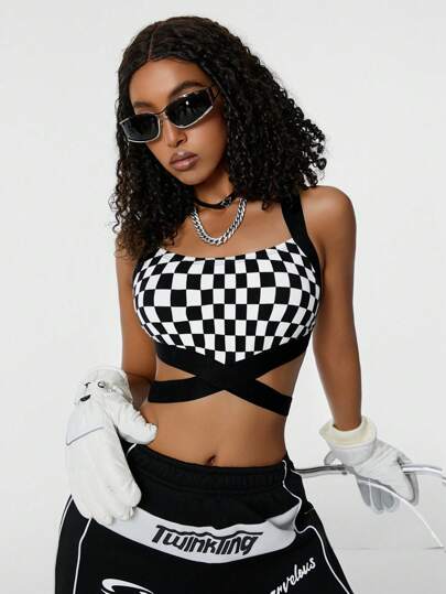 SHEIN Coolane Nữ Dạo Phố Athleisure Trở Lại Trường Thể Thao Đơn Giản Có Dây Họa Tiết Trang Trí Cắt Ra Cờ Rô In Bể