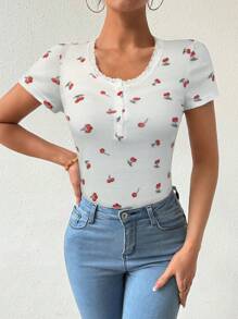 SHEIN Unity 夏季休閒櫻桃圖案蕾絲邊短袖T恤