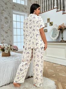 CottageSlumber Bubble & Wrinkle Butterfly Printed Collared Casual Plus Size Short Sleeve Top And Long Pants Pajama Set - Multicolor - View 2