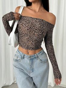 SHEIN EZwear 女士豹紋無肩頸長袖T恤，春夏季 - 卡其色 - 查看 5