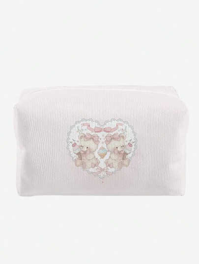 Kawaii Carino Borsa da toeletta in velluto ottogonale con motivo a fiocco rosa e orsacchiotto