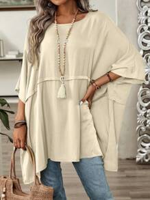 EMERY ROSE 實心蝙蝠袖不對稱下擺襯衫 - 杏色 - 查看 3