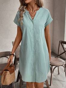 EMERY ROSE 實心缺口紐扣前蝙蝠袖襯衫裙 - 綠色 - 查看 4