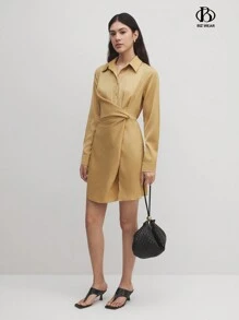 BizChic Damen elegantes Satinkleid mit Revers, Langarm, für Büro und Geschäft, formelle Arbeitskleidung - Gelb - Übersicht 5