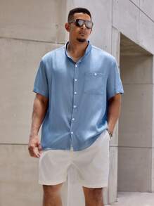 Manfinity Homme Men's Plus Size Blue Button Up Shirt Set, Buttoned Short-Sleeved Top With Pocket And Simple Style Sports Shorts