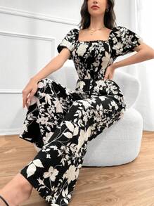 Mulvari Women's Random Printed Square Neck Puff Sleeve Jumpsuit