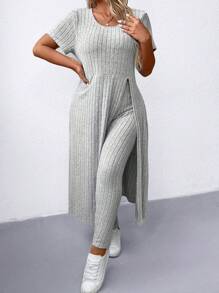 SHEIN LUNE Plus Size Women Solid Color Simple Daily Short Sleeve Top & Long Pants Set - Grey - View 5
