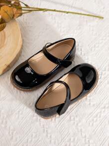 Sepatu Mary Jane Model Putri Warna Polos Modis dengan Gesper & Perekat Velcro, Sepatu Datar untuk Anak Perempuan - Hitam - View 4