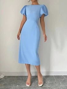 Elenzga 夏季纯色泡泡袖开衩淡蓝色连衣裙长款女装