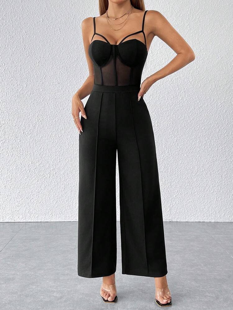 SHEIN PETITE 適合派對的女士服裝，性感派對穿搭，黑色胸墊吊帶連體褲。 - 黑色 - 查看 4