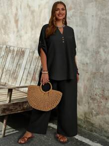 EMERY ROSE Ensemble top à encolure encochée, manches à rouler et pantalon à jambes larges