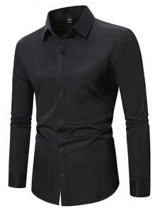 Manfinity Mode Men Solid Button Front Long Sleeve Shirt, Fall - Black - View 7
