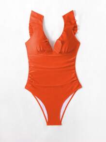 SHEIN Swim 夏季實心荷葉邊連身泳裝 - 亮橙色 - 查看 4