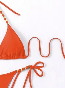 SHEIN Swim 純色露背綁帶夏季海灘比基尼套裝 - 亮橙色 - 查看 5