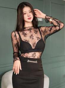 DAZY Women's Simple Daily Wear See-Through Lace Top Going Out Tops Sheer Long Sleeve Women Tops,Fall Women Clothes Valentine's Day - Black - View 7