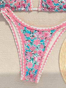 Swim Mod Set Bikini Pantai Musim Panas Wanita Motif Bunga dengan Hiasan Bunga dan Cetakan Seksi, Motif Acak - MultiWarna - View 5