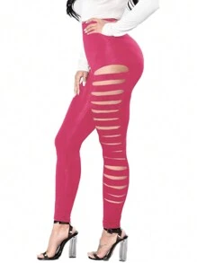 High Waist Skinny Jeans With Side Ripped Holes - Hot Pink - View 4
