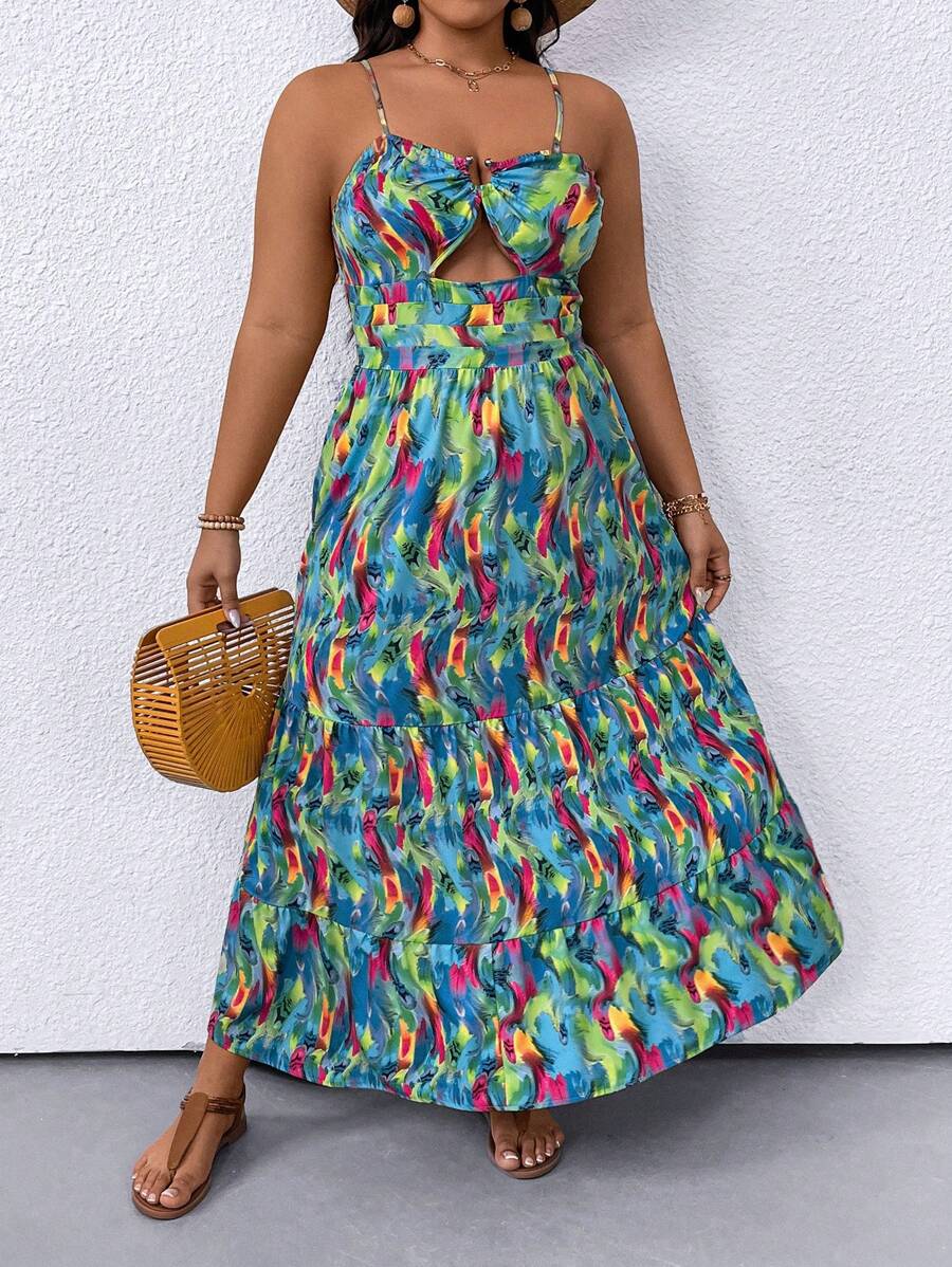 SHEIN Clasi Plus Allover Print Cut Out Front Cami Dress - Multicolor - View 1