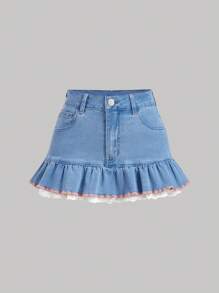 SHEIN MOD Váy Denim Ruffle Hem Đơn Giản Cho Mùa Hè - Rửa nhẹ - Xem 2