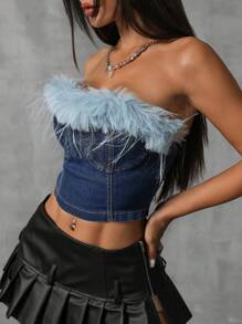 SHEIN BAE 毛茸茸邊緣牛仔布管狀上衣，派對必備 - 深色水洗藍 - 查看 3