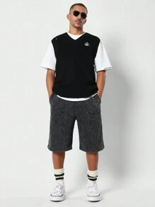 SUMWON Pull On Washed Jort With Letter Graphic Print - Black - View 3