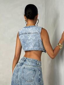 SHEIN BAE 口袋拉鍊短版背心牛仔上衣 - 藍色 - 查看 2