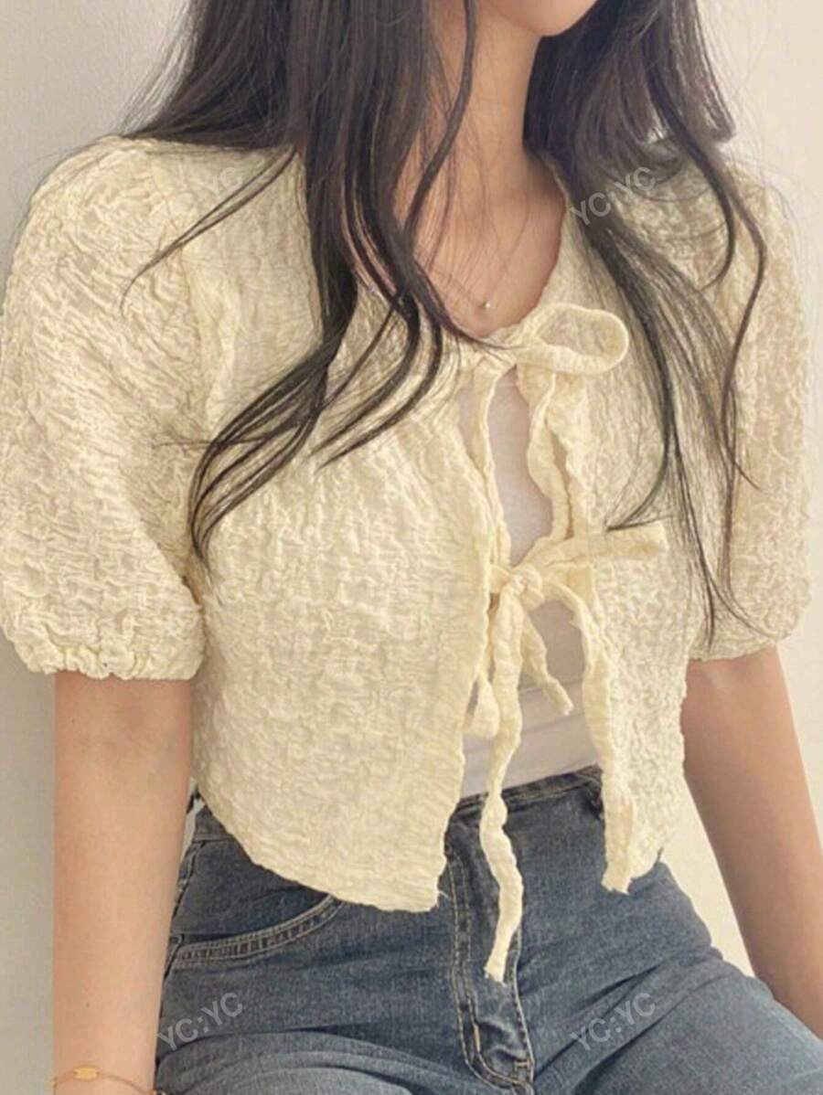 2025 Spring/Summer Girly Solid Color Cropped Tie-Up Cardigan