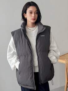 FRIFUL Giacca smanicata imbottita da donna con colletto alto, ricamo a lettera, vestibilità ampia e casual, con cordoncino in vita e orlo con coulisse