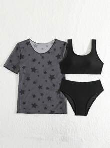 Tween Girl 3pcs Bikini Set, Random Print Summer Beach - Black - View 5