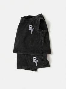 SHEIN Playful Pals Baby Boys' Summer Snow Wash Embroidery Tank Top And Shorts Outfit Set - Black - View 1