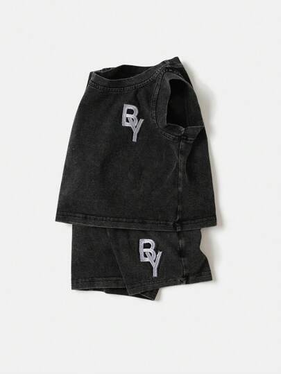 SHEIN Playful Pals Baby Boys' Summer Snow Wash Embroidery Tank Top And Shorts Outfit Set