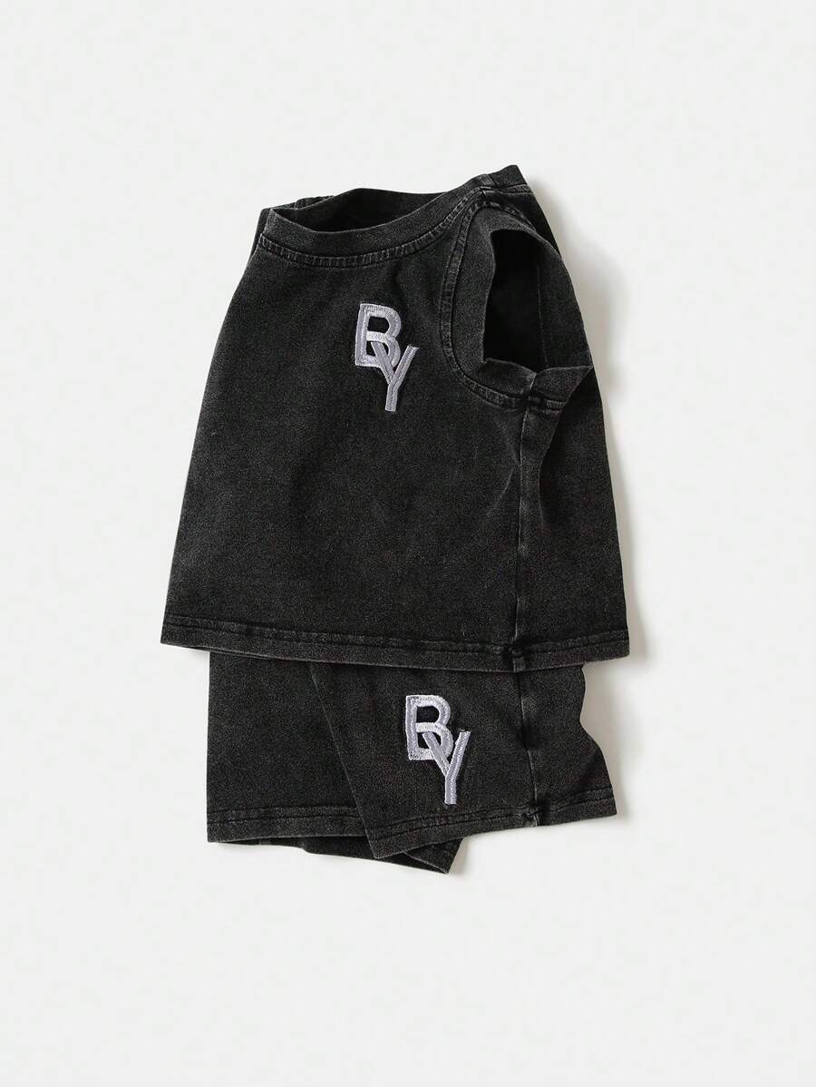 SHEIN Playful Pals Baby Boys' Summer Snow Wash Embroidery Tank Top And Shorts Outfit Set - Black - View 1