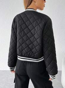 SHEIN PETITE 字母貼布條紋修飾拼接棉夾克運動外套 - 黑色 - 查看 2