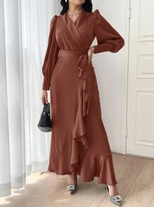 Modelyn Lantern Sleeve Ruffle Trim Wrap Belted Dress Long Evening Dresses - Redwood - View 3