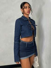 SHEIN BAE Tie Front Crop Denim Top, Fall Women Clothes - Blue - View 4