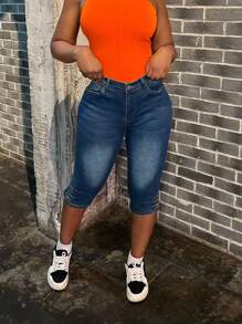 Pantacourt en denim Skinny grande taille pour femmes - Jean brut - Voir 5