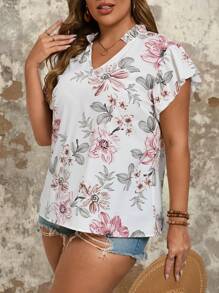 SHEIN VCAY Camisa blanca suelta de talla grande con estampado floral, cuello en V, ribete de volantes y mangas anchas impresión de flores, ideal para vacaciones - Multicolor - Ver 3