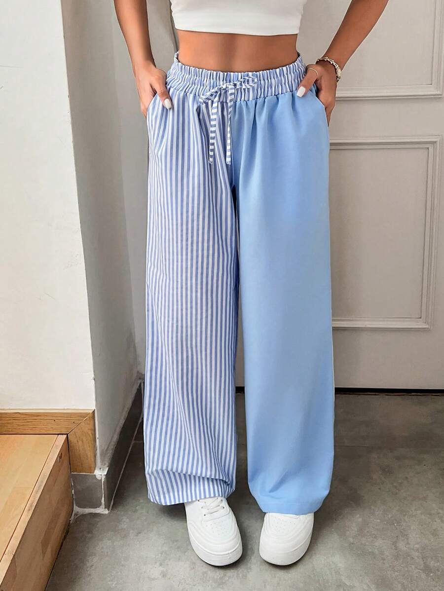 EURMUSE Cozy Low Waist Striped Print Patchwork Casual Pants - Blue - View 1
