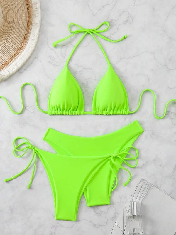 Swim Basics Damen Sommer Strand fluoreszierend grüner Neckholder Sexy Bikini Set, 3 Stücke grüner Bikini