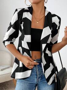 SHEIN Essnce Áo khoác Blazer nữ thời trang thường ngày Ve áo phong cách Old Money màu đen và trắng in toàn bộ tay áo ba phần tư Áo khoác Blazer giáo viên Trang phục công sở mùa thu cho phụ nữ - Đen và trắng - Xem 4