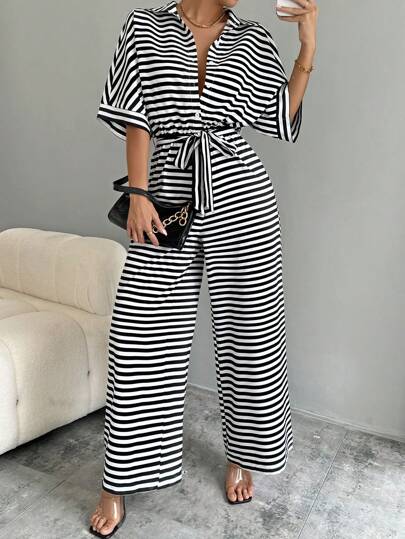 SHEIN LUNE Striped And Printed Tie Waist Batwing Sleeve Jumpsuit For Women