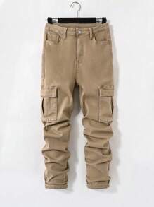 SHEIN Teen Boy Khaki Comfortable And Refreshing Dark Wash Design Elasticity Denim Skinny Pants For Dailywear - Khaki - View 1