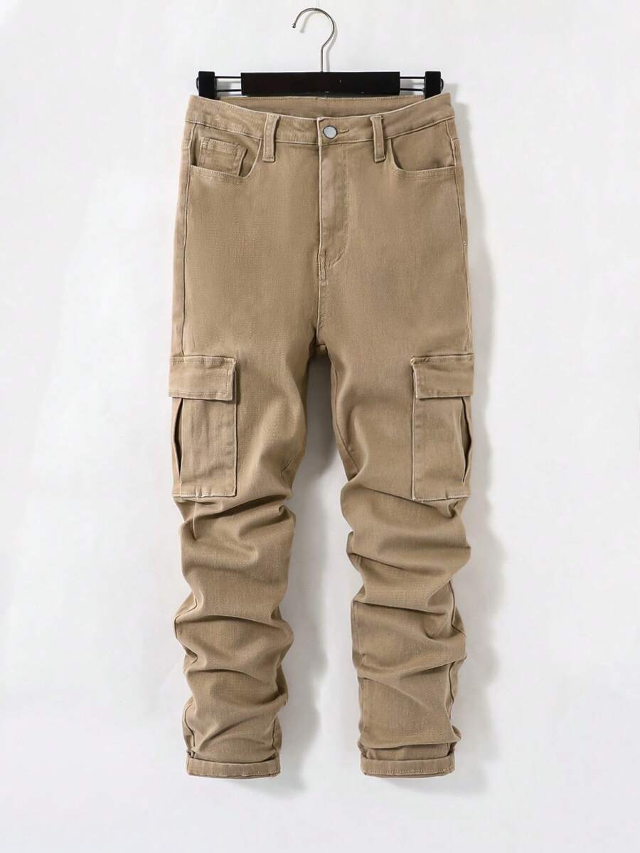 SHEIN Teen Boy Khaki Comfortable And Refreshing Dark Wash Design Elasticity Denim Skinny Pants For Dailywear - Khaki - View 1