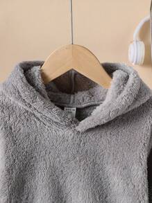 SHEIN 3 件套女童时尚加垫背心，带连帽羊毛运动衫和纯色裤子，适合户外运动、度假和上学，冬季 - 灰色 - 查看 5