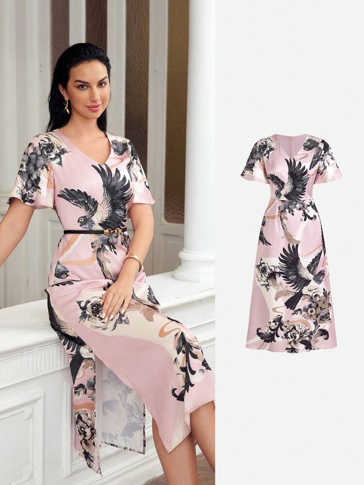 BIRD AND FLORAL PRINT V-NECK FLUTTER SLEEVE SPLIT THIGH DRESS