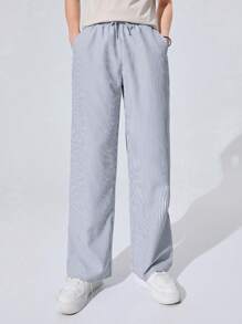 青少年男孩條紋休閒闊腿褲，具備束緊腰帶，舒適適合秋冬穿著、保暖，適合校園/日常穿著/運動/生日派對，易配搭風格 - 藍色 - 查看 7